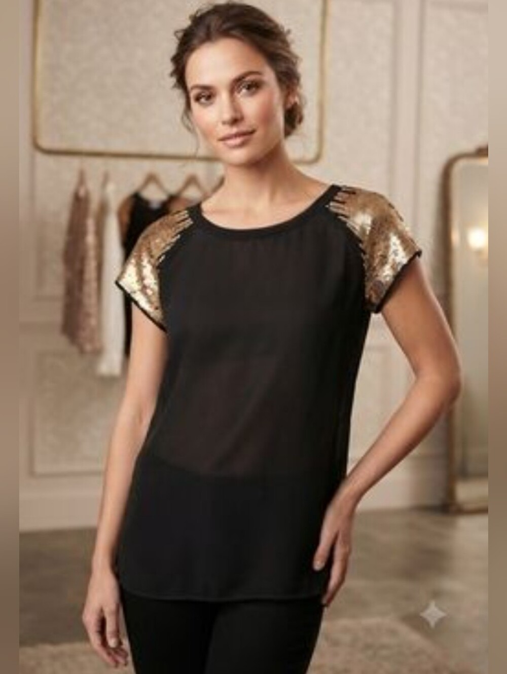 Fun & Flirty Sheer Black High-Low Blouse with Bold Sequins Sleeves - Size M
